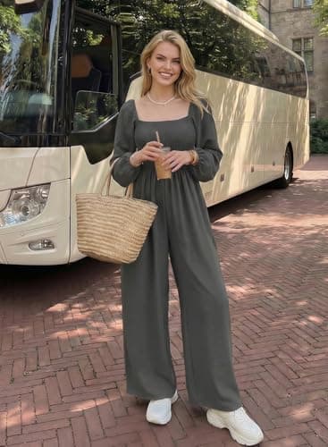 Dokotoo Womens Casual Loose Overalls One Piece Long Sleeve Jumpsuits for Women Stretchy Wide Leg Long Pant Rompers Jumpsuit with Pockets Small Gray - Thumbnail 4