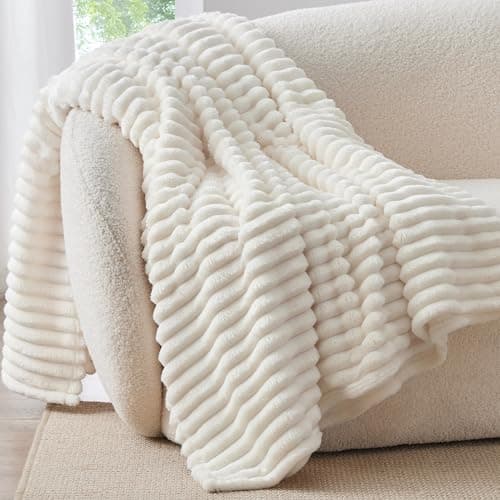 BEDELITE Twin Blanket for Couch & Bed, 300GSM Soft & Warm Fleece Blanket, Decorative and Giftable Striped Cream White Blankets for Women, Men, 60"x80" - Thumbnail 2