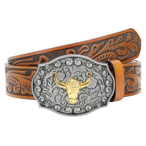 SANSTHS Mens Cowboy Belt Western Bull Buckle Belt for Men Womens Floral Embossed Leather Belts for Jeans, Brown - Image 1