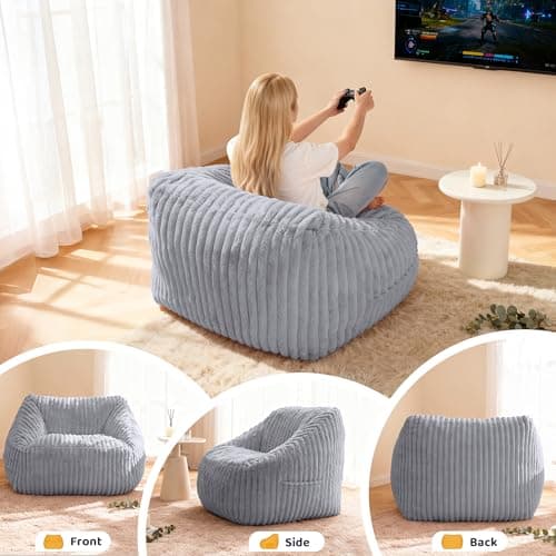 HABUTWAY Bean Bag Chair, Giant Bean Bag Chairs for Adults and Kids, Bean Bag Sofa, Lazy Floor Sofa, Faux Fur Beanbag Chair with Armrests for Living Room Bedroom (Grey) - Thumbnail 5