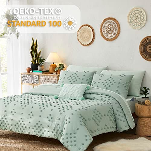 Geniospin Sage Green Twin Comforter Set for Girls- 5 Pieces Pom Tufted Bed in A Bag Twin Bedding Sets with Sheets, Pillowcases & Shams, All Season Kids Comforter Set - Thumbnail 3