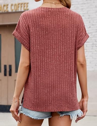 JUSTFASHIONNOW Short Sleeve Sweater Summer Tops for Women 2026 V Neck Flowy Short Sleeve Shirts Trendy Side Split Basic Tees Spring Dressy Casual Easter Outfits Wine Red L - Thumbnail 5