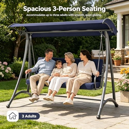 Outdoor Patio Swing, 3 Seat Porch Swing with Adjustable Canopy, Swing Chair for Backyard Garden Patio(Blue) - Thumbnail 2