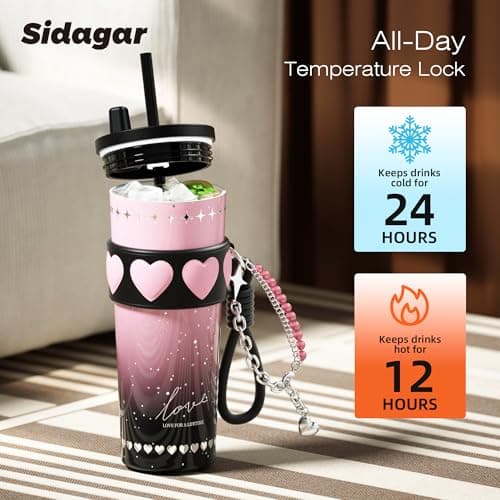 Sidagar 24 oz Stainless Steel Tumbler with Lid and Straw, Insulated Coffee Mug, Leak Proof, Portable Iced Travel Water Bottle, Reusable Thermal Coffee Cup Gift for Women, Pink - Thumbnail 5