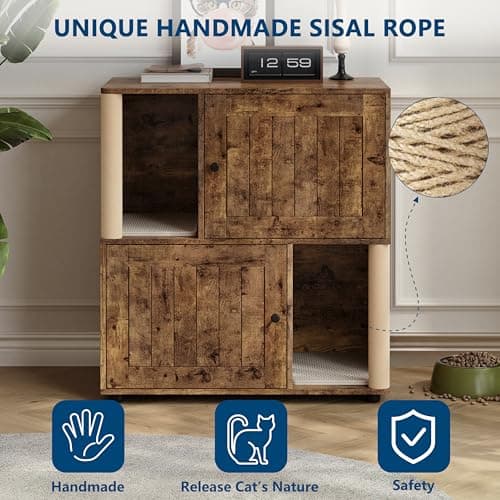 Garvee Double Layer Cat Litter Box Furniture, 2 in 1 Hidden Litter Box Furniture with Scratching Post and Litter Mats, Wooden Corner Cabinet Cat Washroom Bed - Thumbnail 4