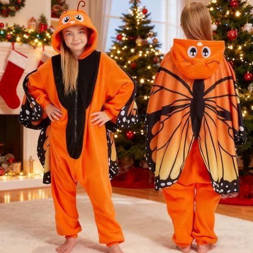 CWDGAGANB Kids Orange Monarch Butterfly Onesie Pajamas Butterflies Costume Halloween Costumes Cosplay Sleepwear for Girls Boys 120cm - Thumbnail 3