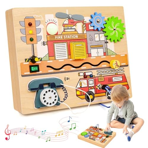 Wdmiya Montessori Busy Board for Toddlers 2-4, Fire Truck Activity Board with LED Lights & Sounds, Wooden Sensory Learning Toy with Rotary Phone, Helicopter & Gears, for 2 3 4 Year Old Boys Girls Gift - Image 1