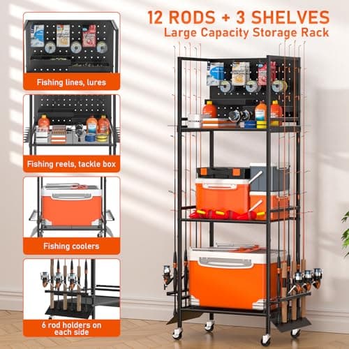 GloCryp 3-Shelf Fishing Pole Holders for Garage, Fishing Rod Holder Up to 12 Rods，Rolling Fishing Storage Cart for Tackle Box & Accessories, Fishing Gifts for Men - Thumbnail 2