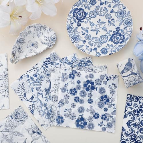 16 Pcs 8 Styles Decoupage Napkins, Blue and White Floral Paper Napkins Chinoiserie Decorative Cocktail Napkin Pretty Printed Cocktail Paper for DIY Crafting Furniture Decor Birthday Party Baby Shower - Thumbnail 3