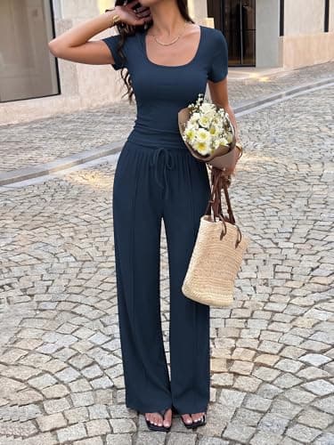 BTFBM Womens Spring 2 Piece Outfits 2026 Summer Square Neck Short Sleeve Drawstring Pants Knit Lounge Matching Sets(Navy, Small) - Thumbnail 4