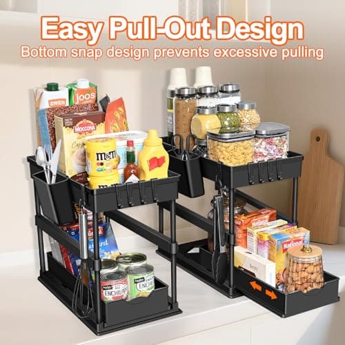 JPart Under Sink Organizer, Kitchen Organizers and Storage, 2-Tier Bathroom Cabinet Organizer with Sliding Drawers, Thickened Construction with Hooks Hanging Cup for Kitchen & Bathroom, 2 Pack - Thumbnail 5