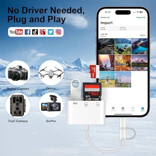 Denlane SD Card Reader for iPhone iPad Mac, USB C and Lightning Dual Interface Memory Card Reader, Digital Camera Adapter to iPhone SD Card Viewer with SD/Micro SD/USB-A 3 Slot, No App Plug and Play - Thumbnail 5