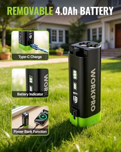 WORKPRO 3.6V Hedge Trimmer Cordless, 3-in-1 Electric Hedge Trimmer & Grass Cutter with 37'' Wheeled Extension Pole, 4.0Ah Removable Battery & Type-C Cable, Lightweight Bush Trimmer for Lawn & Garden - Thumbnail 5