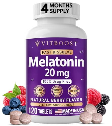 VITBOOST Melatonin 20 mg – 120 Fast Dissolve Tablets – Natural Berry Flavor – High Potency Sleep Aid – 100% Drug Free, Non-GMO, Made in USA - Image 1