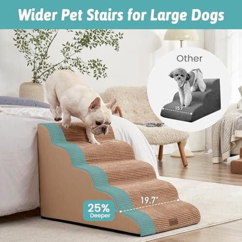 COZY KISS Extra Wide Dog Stairs 19.7" Width, Pet Step for Small/Medium/Large Dog, Puppy or Cat, Pet Ramp for High Bed or Car, High Density Foam Ladder, 19.7x33x22.4 in, Stable, 5 Step, Light Brown - Thumbnail 2