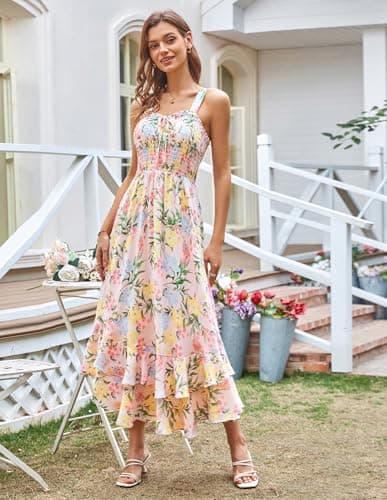 GRACE KARIN Women's 2025 Summer Floral Boho Dress Square Neck Strapped Swing A Line Sundress Beach Long Maxi OutfitsBlue Yellow M - Thumbnail 3