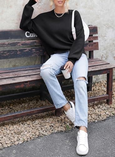 Dokotoo Oversized Sweaters for Women Crewneck Crop Ribbed Knit Tops Solid Color Patchwork Fall Winter Business Casual Pullover Sweater Trendy Black Large - Thumbnail 6