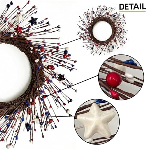 HipTree 16 Inch Patriotic Wreath for Front Door, 4th of July Wreath with Red White Blue Stars & Sprouts for Memorial Day, Independence Day,Veterans Day, Flag Day,Summer Decorations - Thumbnail 2