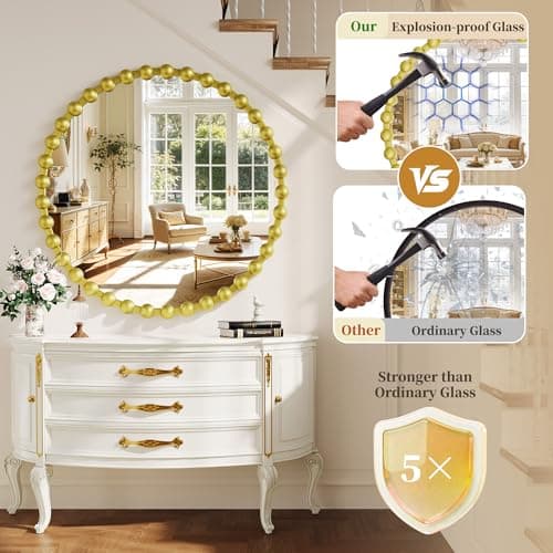 WISSMIELS Round Vanity Mirror for Wall, 36 Inch Beaded Frame Circle Mirror for Bathroom, Bedroom Dresser, Entryway, Living Room, Decorative Hanging Wall Mirror, Gold - Thumbnail 2