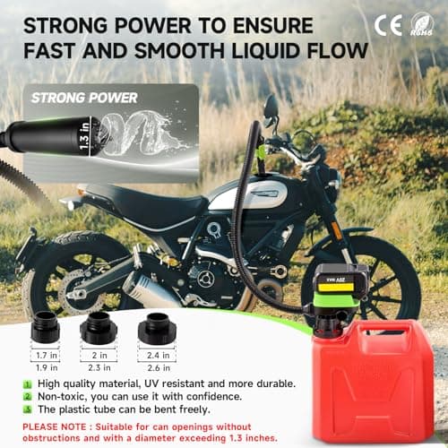 Fuel Transfer Pump with Auto Stop Sensor(3.2 GPM) Compatible with DeWalt DCB20 & Milwaukee M18 Batteries(Not Included), Portable Fuel Pump, 41" Hose Gas Can Pump for Diesel, Gasoline, 3 Tank Adapters - Thumbnail 6