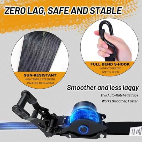 1800LB Retractable Ratchet Straps with Soft Loops(4 Pack), 1" x 12FT Heavy Duty Auto Self Retracting Tie Down Straps for Trucks, Motorcycle, Cargo, Trailer, Moving-Black - Thumbnail 6