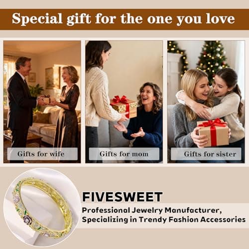 FIVESWEET Trendy 18K Gold Plated Bangle Bracelets Set for Women, Enamel Craft Jewelry-Floral Element , Retro Fashion Palace Style, Zinc Alloy with Rhinestones, 2.4Inch Diameter Fits Most Adults, Perfect Jewelry Gift Idea for Her, Girlfriend, Wife, Mom, Sister, Lover on Birthday, Christmas, Valentine's Day, Mother's Day (3, 3PCS-Floral-Rose) - Thumbnail 5