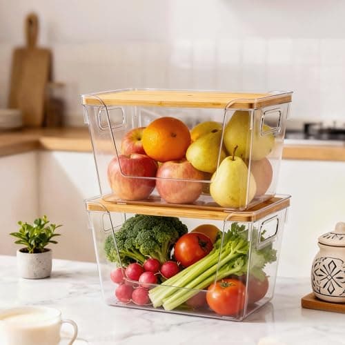 Criusia 2 Set Pantry Organizers and Storage with Bamboo Lids, Stackable Clear Bins for Onion, Potato, Fruit, Vegetables, Trash Bag Dispenser, Kitchen and Under Sink Organizer - Thumbnail 3