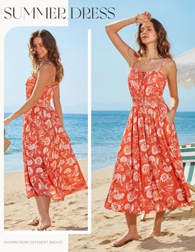 GRACE KARIN 2026 Women's Hawaiian Midi Sundress Summer Vacation Spaghetti Floral Clothes Boho Casual Dresses with Pockets Orange Floral XL - Thumbnail 3