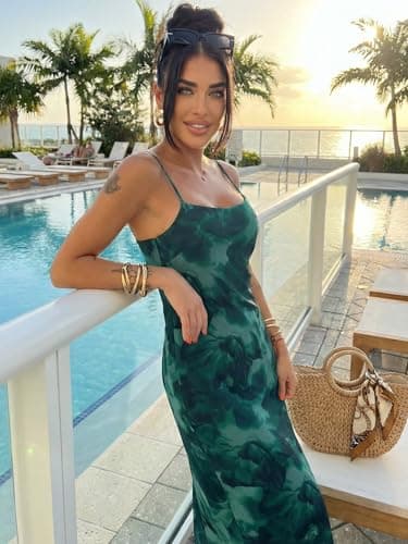 ZAFUL Womens Summer Floral Maxi Dress Spaghetti Strap Mesh Stretch A Line Dresses 2026 Boho Casual Vacaion Party Wedding Guest Slip Long Dresses Spring Clothing Green X-Large - Thumbnail 4