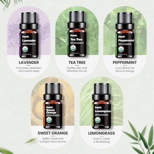 Organic Essential Oils Gift Set, Top 10x10ML-100% Pure Natural Aromatherapy for Diffusers, Humidifiers, Candle Making, Peppermint, Tea Tree, Lavender, Frankincense, Lemongrass, Eucalyptus & More - Thumbnail 4