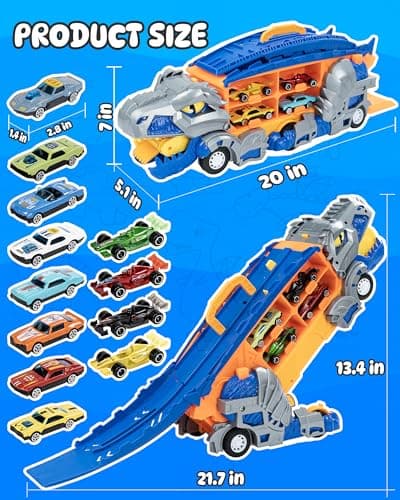 Cozycharm 13 in 1 Dinosaur Toys for Kids 3-6, Carrier Truck Race Track Toddlers Toys, Foldable Track Playset,Dinosaur Truck with 12 Die-Cast Racing Car Toys, Xmas Gifts for Boys Girls - Thumbnail 4