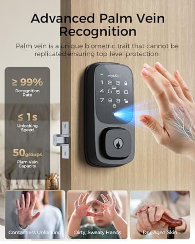 ARPHA Keyless Entry Door Lock, Palmar Vein Recognition Deadbolt with Handleset for Front Door, Built-in WiFi, Amazon Alexa, Google Assistant, App-Control, Voice Control, NFC (No Handle) - Thumbnail 2