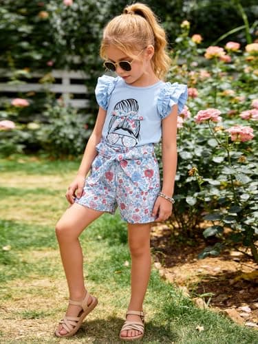 AMAWMW Girl 2 Piece Summer Outfit Ruffle Sleeve T-Shirt Top Floral High Waist Shorts Belt Set Cute Clothing, Blue, 5-6 Years - Thumbnail 5