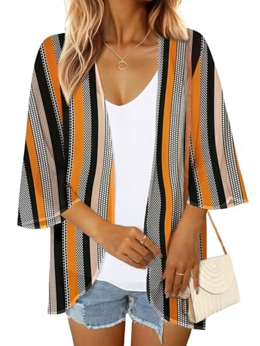 GKBK Women's Floral Print Puff Sleeve Kimono Cardigan Beachwear Capes Loose Cover Up Casual Blouse Tops Black Khaki Stripes XL - Image 1