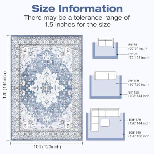 YBYX 10x12 Area Rugs for Living Room, Machine Washable Boho Vintage Rug, Waterproof Surface & Non-Slip Backing, Foldable Soft Low Pile Floral Medallion Carpet for Bedroom Dining Room - Thumbnail 2