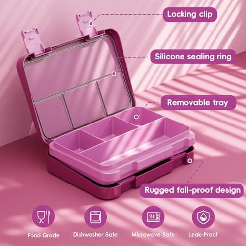 Sxueg Bento Lunch Box for Kids, 4 Compartments Kids Leak Proof Bento Lunch Boxes Food Containers for School, Travel, On-the-Go Meal, Food Grade, Microwave, Dishwasher Safe Rose Red - Thumbnail 4