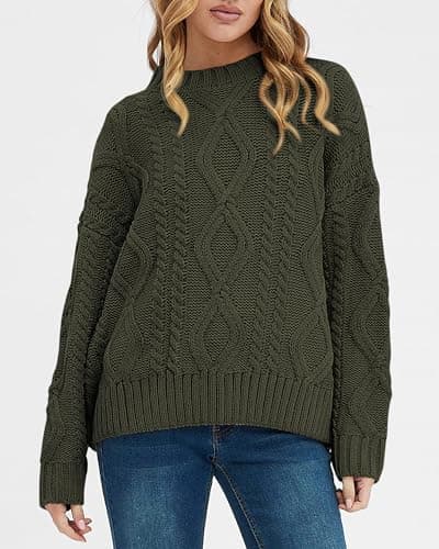 BTFBM Casual Women Long Sleeve Sweater 2025 Fall Ribbed Knit Pullover Loose Crewneck Cable Sweater Jumper Tops(Army Green,Small) - Thumbnail 2