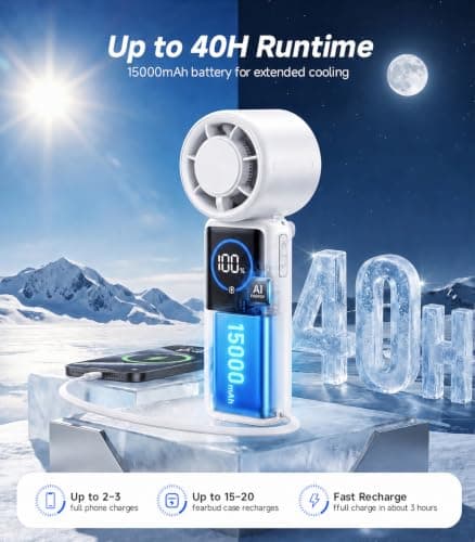 Turbo Portable Handheld Fan, 15000mAh Foldable Rechargeable Personal Fan for 40H, 4-in-1 Neck Fan with Built-in USB-C Cable & Display, 15m/s Hand Fans for Travel Concerts Outdoors Gifts for Women - Thumbnail 5