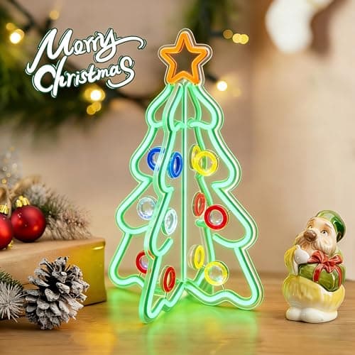 Lumavere Tabletop Christmas Tree, 15.7in Clear Acrylic Desk Decor with Star Topper & Neon Outline, Colorful Ring Lighted Sign for Apartment Room Decoration on Coffee Tables, Desks, and Nightstands - Thumbnail 3