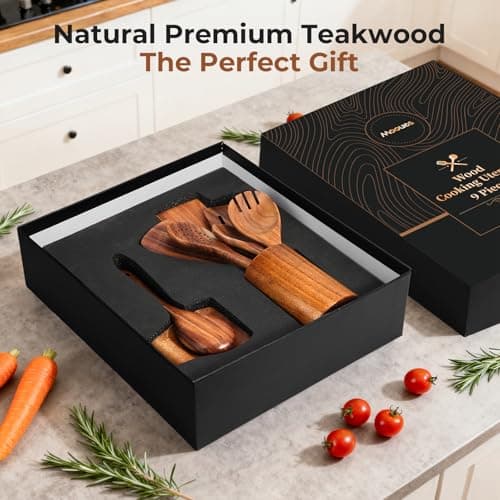 Wooden Spoons for Cooking, 9 PCS Teak Wood Cookware Utensil Set - Smooth Finish, Non-Stick, Comfortable Grip, Heat Resistant Kitchen Utensils Gift Box - Thumbnail 2