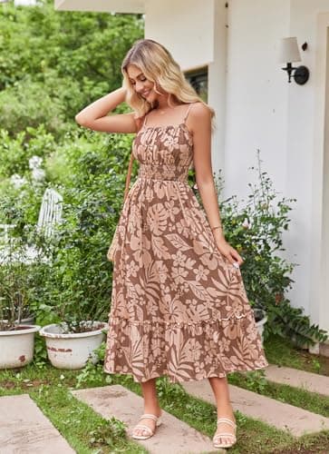 GRACE KARIN Womens Sleeveless Maxi Dress Summer Casual Spaghetti Strap Ruffle Cami Dresses Boho Beach Dresses with Pockets Long Coffee Floral S - Thumbnail 5
