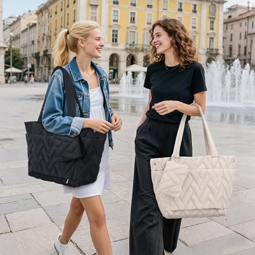 nuoku Puffer Tote Bag for Women, 20L Large Capacity, Lightweight Quilted Shoulder Bag with Multiple Compartments and Zipper for Work, Travel, Gym - Khaki - Thumbnail 3