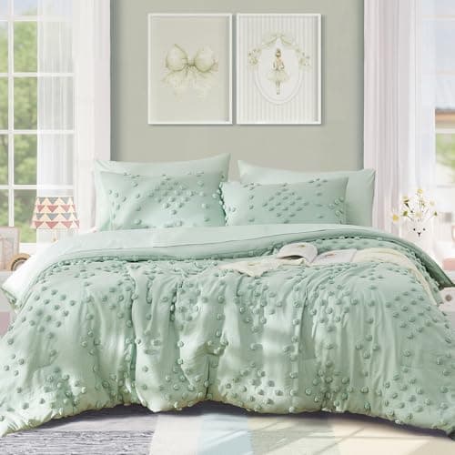 Geniospin Sage Green Queen Comforter Set for Girls- 7 Pieces Pom Tufted Bed in A Bag Twin Bedding Sets with Sheets, Pillowcases & Shams, All Season Kids Comforter Set - Image 1