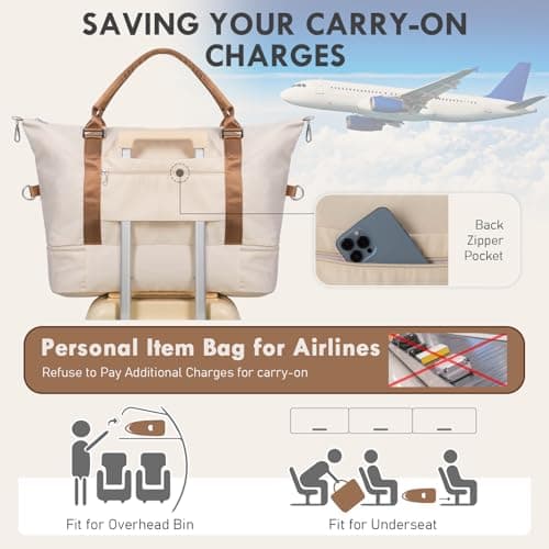 WOOMADA Weekender Overnight Bag for Women, Shoulder Travel Duffel with Shoes Compartment,Gym Bag with Toiletry Bag Large Size(beige&brown) - Thumbnail 6