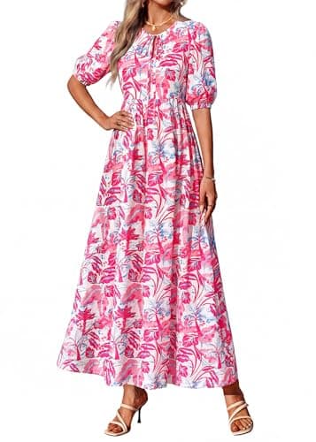 KIRUNDO Spring Dresses for Women 2026 Summer Wedding Guest Boho Floral 3/4 Sleeve Beach Vacation Cruise Flowy Maxi Dress(Red, Large) - Thumbnail 2