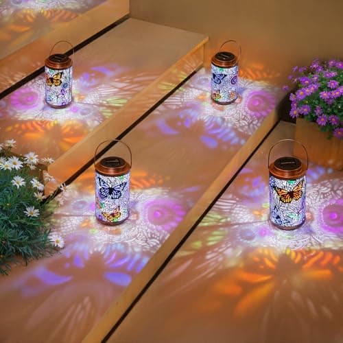 2Pack Solar Outdoor Lanterns Waterproof Butterfly Garden Gifts for Women, Multicolor Solar Outside Lights Lantern for Yard, Backyard, Porch, Mothers Day Gifts for Mom Grandma Wife - Thumbnail 3