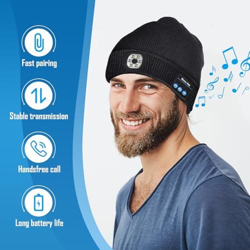 Gifts for Men, LED Bluetooth Beanie Hat, Anniversary Birthday Gift for Men Dad Him Husband Grandpa, Mens Gift for Camping Hiking Accessories Cool Gadgets Black - Thumbnail 2