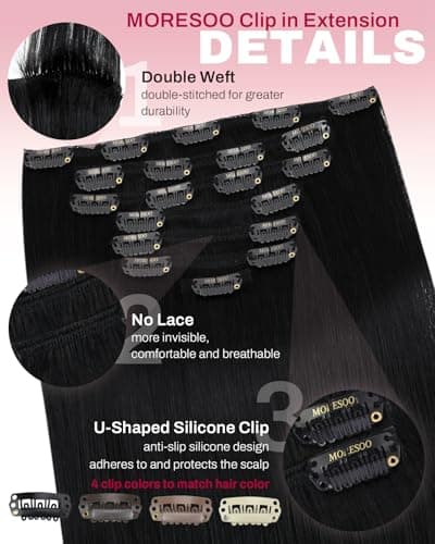 Moresoo Jet Black Clip in Hair Extensions Human Hair 20 inch Remy Straight Double Weft Clip in Human Hair Extensions for Women Jet Black #1 Full Head 7Pcs 120G - Thumbnail 4
