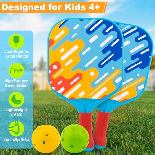 Kids Pickleball Paddles - Easter Gift Basket Stuffers Outdoor Beach Pool Yard Game Toy for Kid Ages 4 5 6 7 8 Year Old Boys & Girl, Ball Set of 2, Lightweight & Durable Grip for Small Hand, Beginner - Thumbnail 2