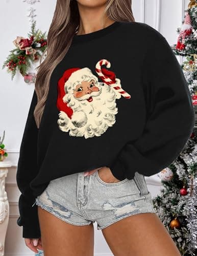 LETSEE Christmas Sweatshirts for Women 2025 Santa Claus Graphic Oversized Fleece Vacation Holiday Pullover Tops Xmas Gifts, A-Black, Medium - Thumbnail 2